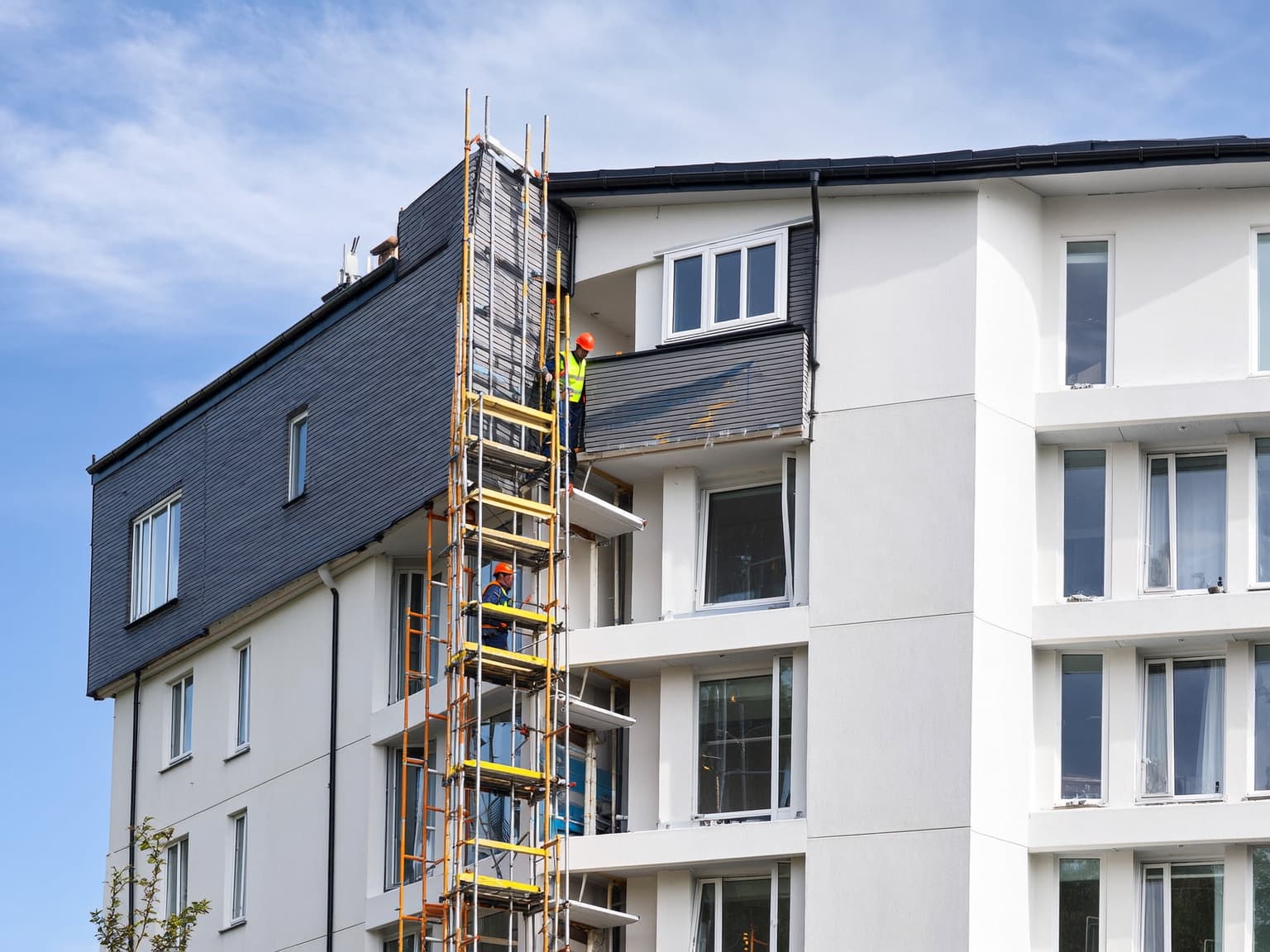 Operatives in hard hats on a scaffold tower replacing windows and cladding on an occupied residential block