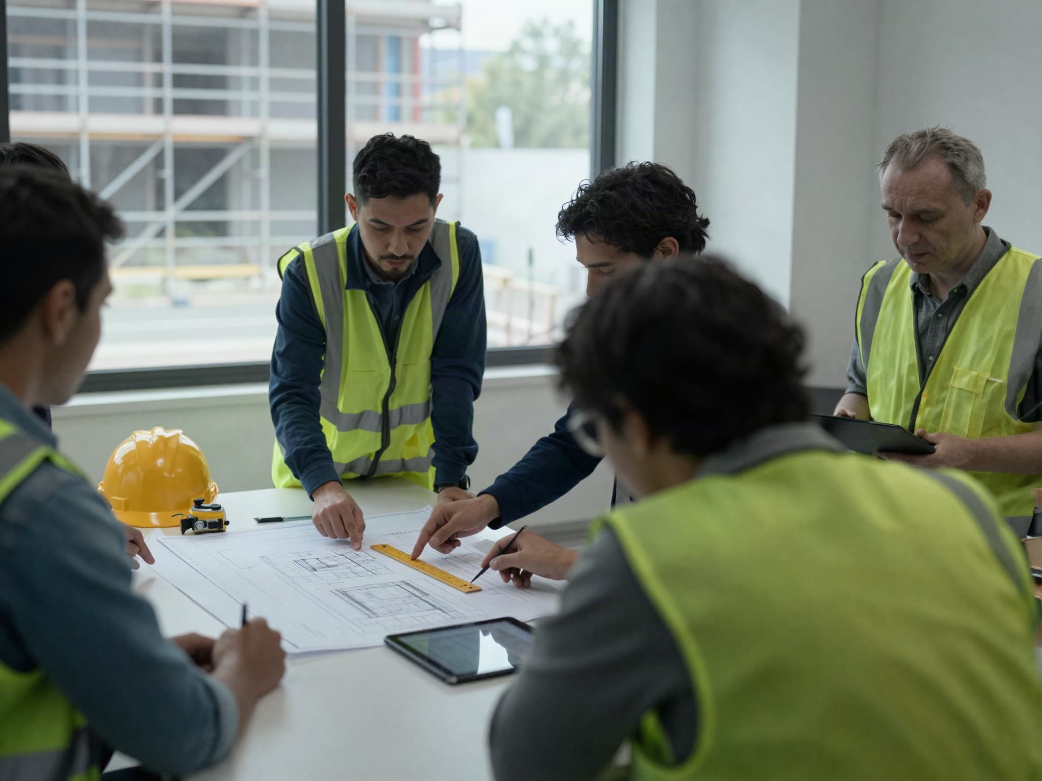 Project team in hi-vis vests reviewing drawings around a table