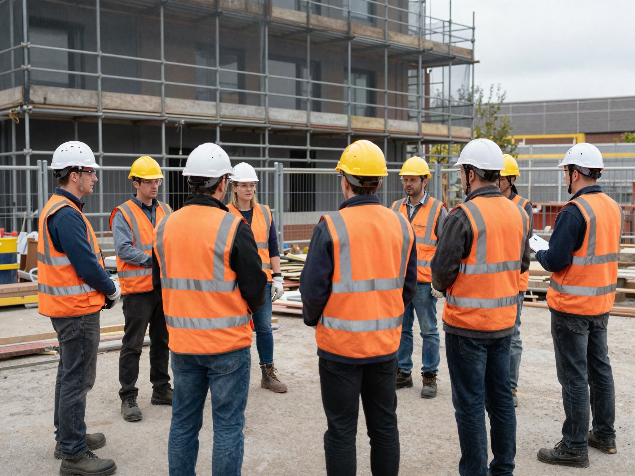 Site team in hard hats, safety glasses and hi-vis vests gathered for a safety briefing beside a scaffolded building
