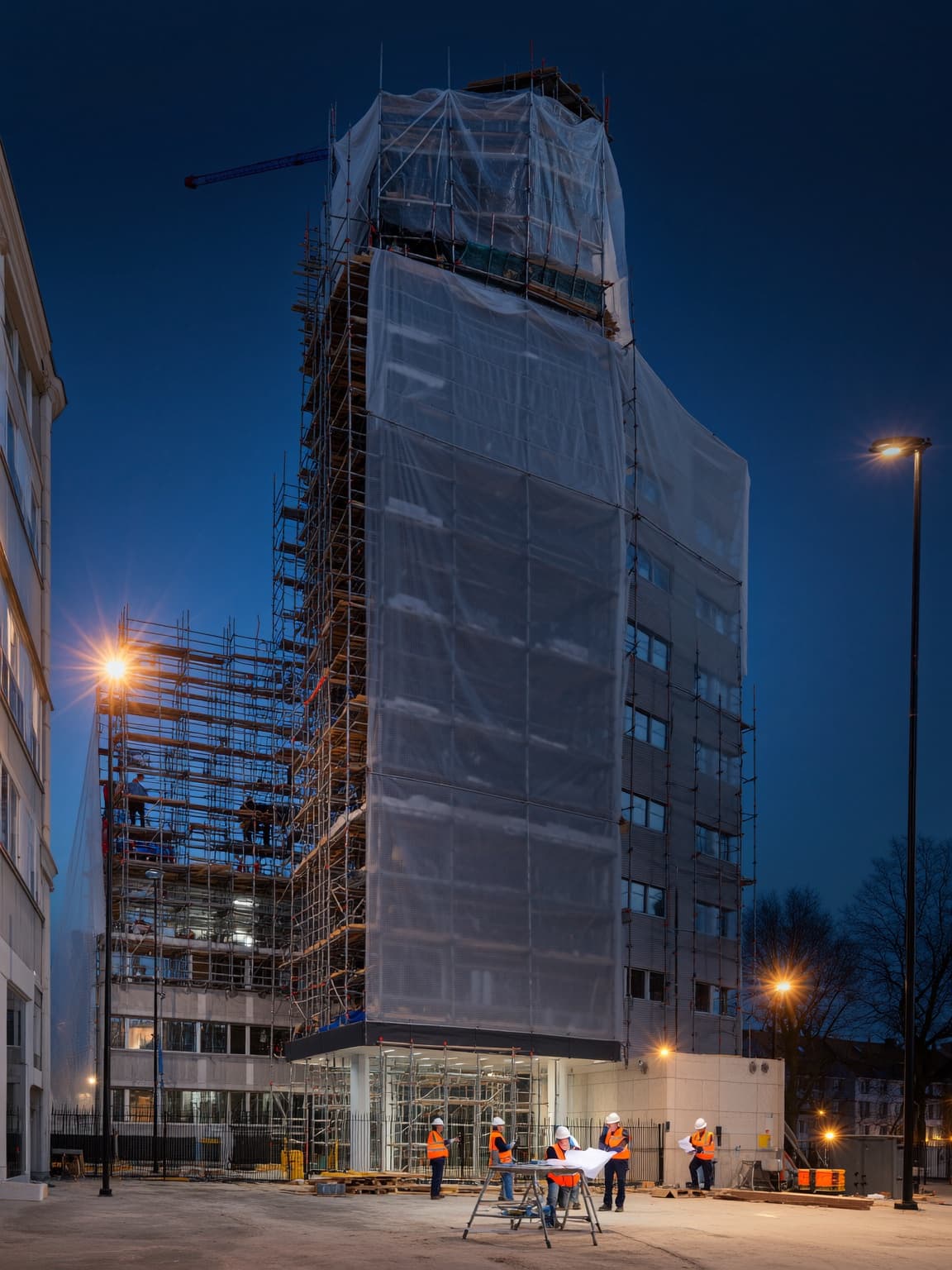 Multi-storey commercial building wrapped in scaffolding and sheeting at dusk, with site team reviewing drawings in the foreground