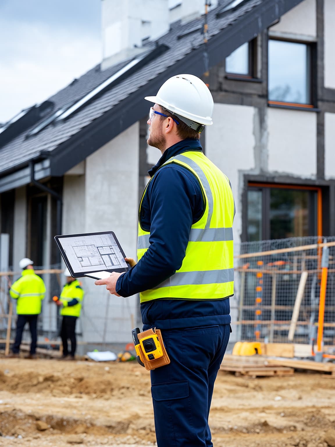 Site manager in a hard hat and hi-vis checking drawings on a tablet beside a house under roof and façade works