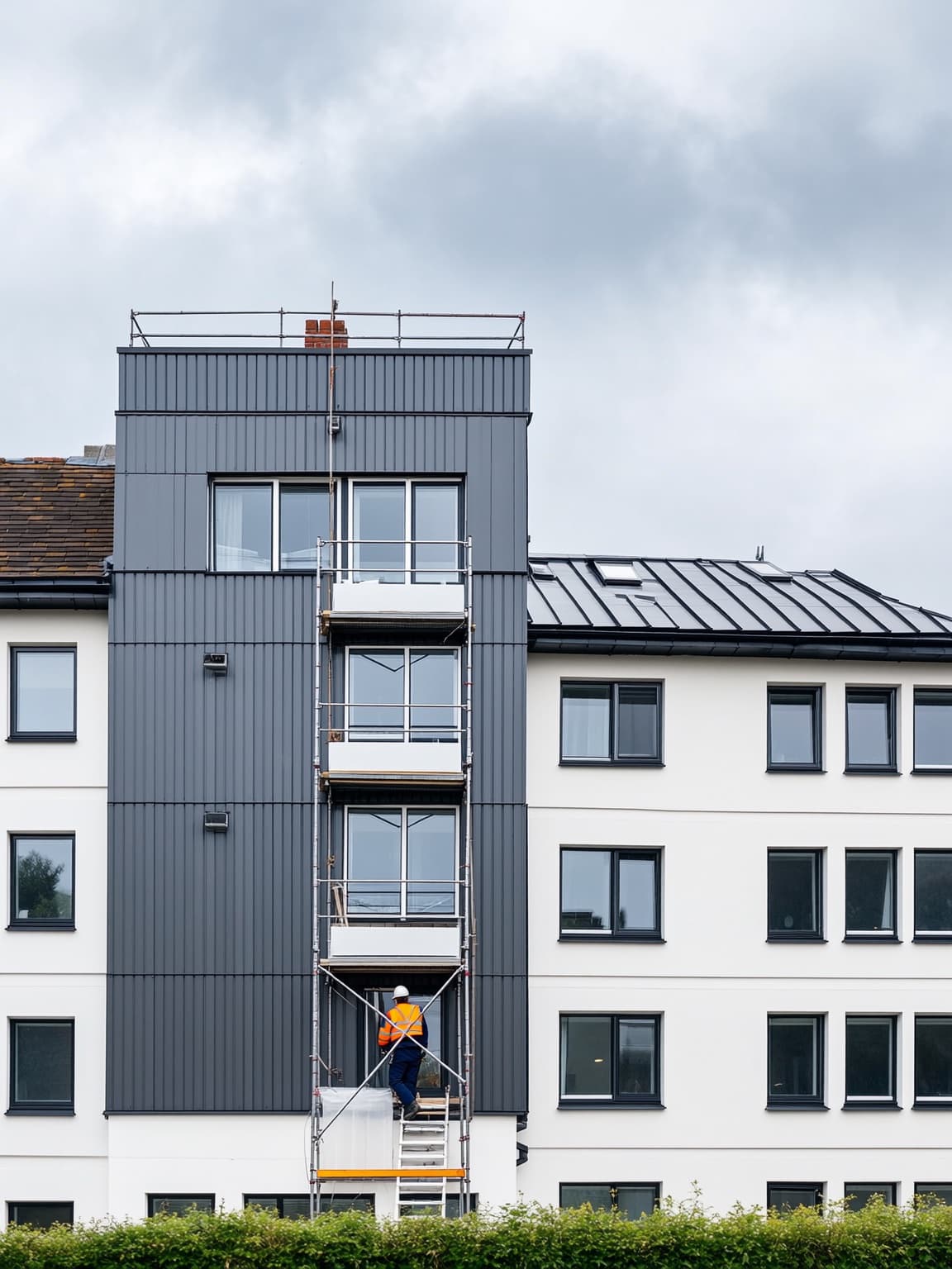 Operative in hi-vis on a scaffold tower installing grey standing-seam cladding and new windows on a multi-storey building